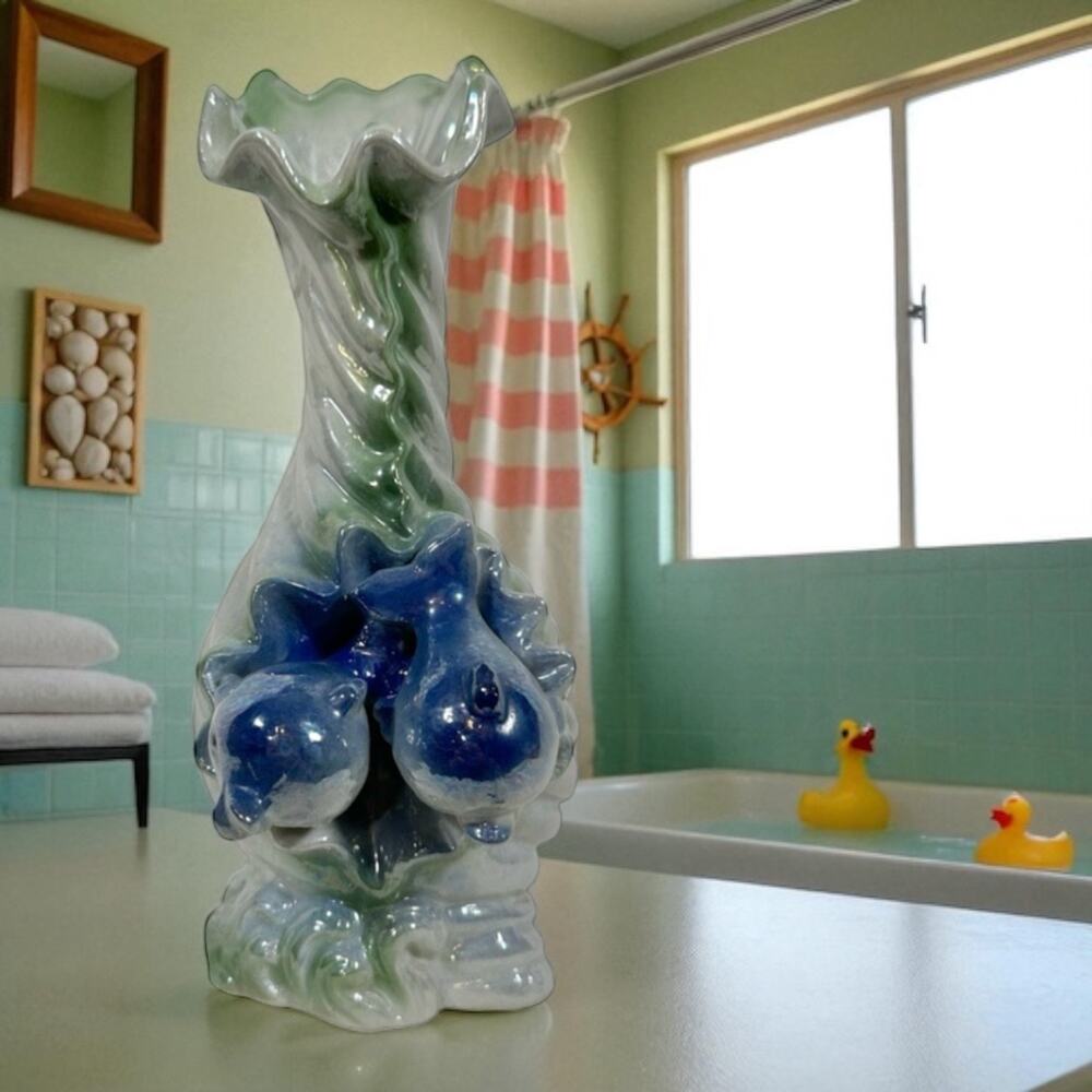VTG Ceramic Iridescent Blue Sea Ocean Wave 2 Dolphins Scallop Shell Bud Vase